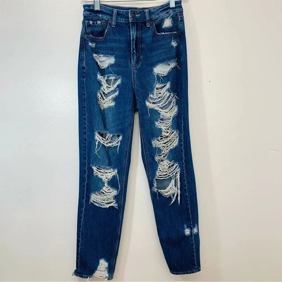 American Eagle Mom Jeans Woman 2 High Rise Straight Taper Ripped Distress - Picture 1 of 16